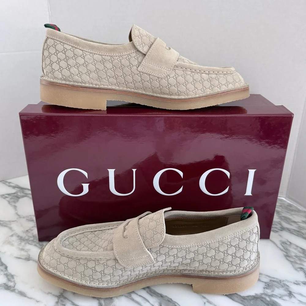 GUCCI GG Moreau Moccasin Tan Suede Loafer Shoe Penny Strap, G 8+